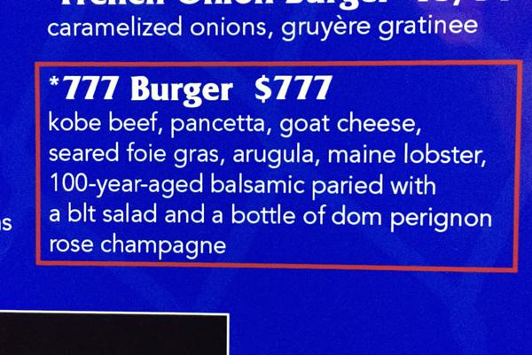 Menu offering a $777 burger